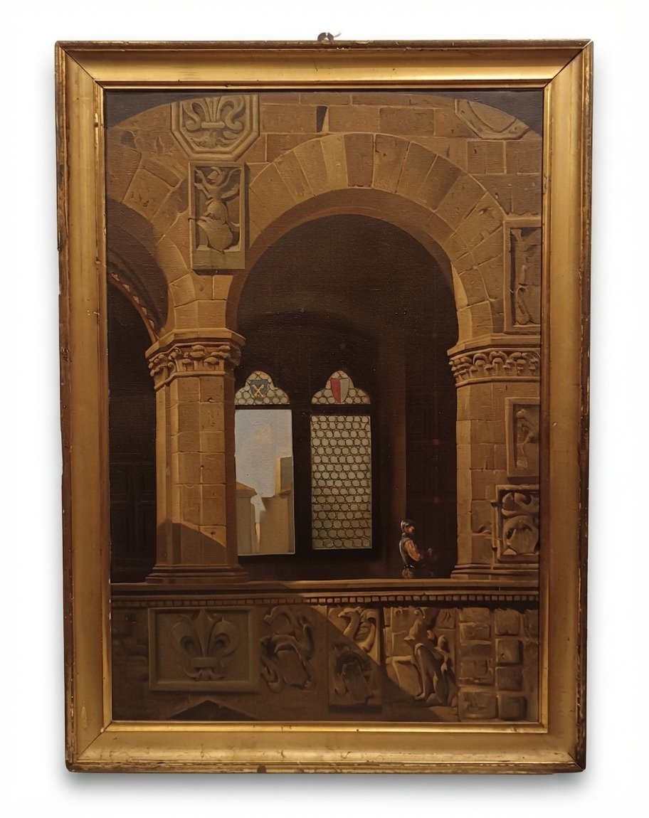 Mid-19th Century Painting Of The Interior Of The Bargello In Florence