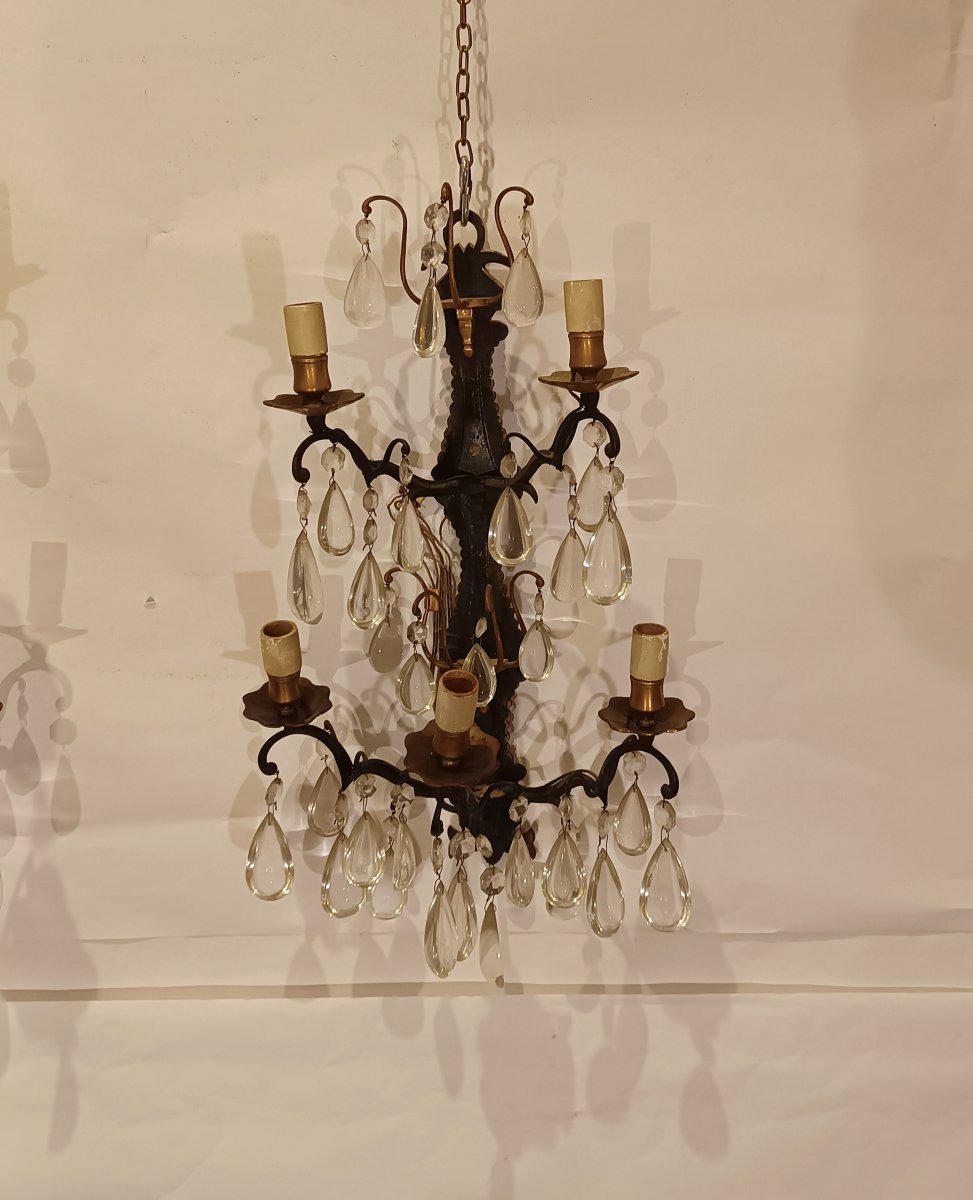 Early 20th Century Pair Of Bronze And Crystal Wall Lights-photo-2