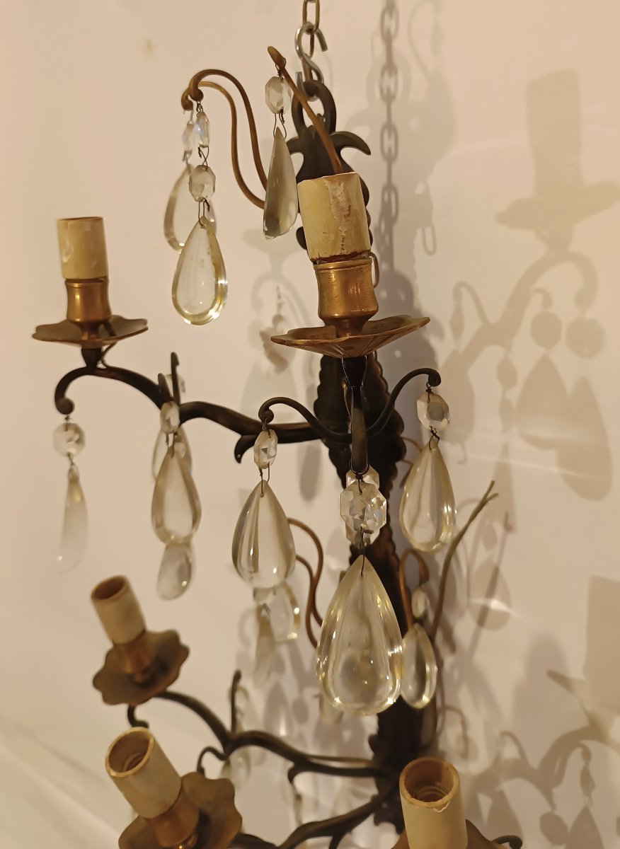 Early 20th Century Pair Of Bronze And Crystal Wall Lights-photo-3