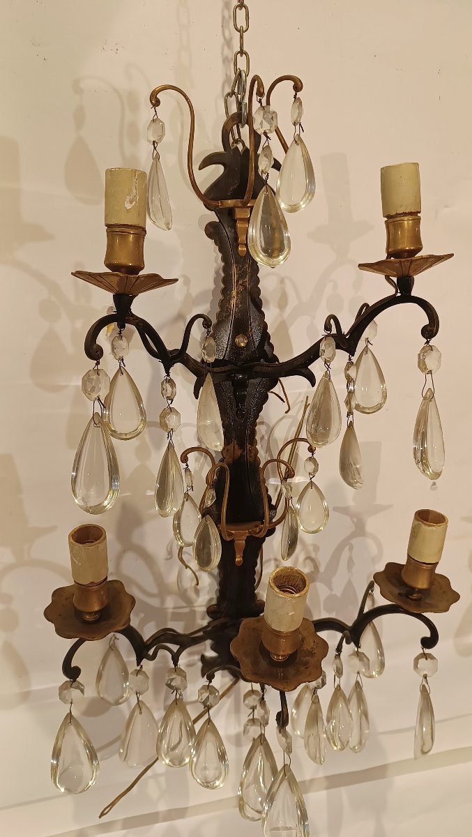 Early 20th Century Pair Of Bronze And Crystal Wall Lights-photo-4