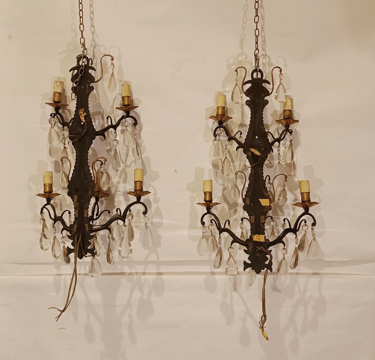 Early 20th Century Pair Of Bronze And Crystal Wall Lights-photo-6