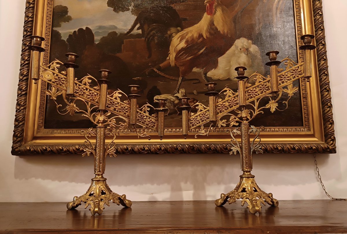 PAIRE DE CANDÉLABRES DORÉS DU MILIEU DU 19ème SIÈCLE-photo-2