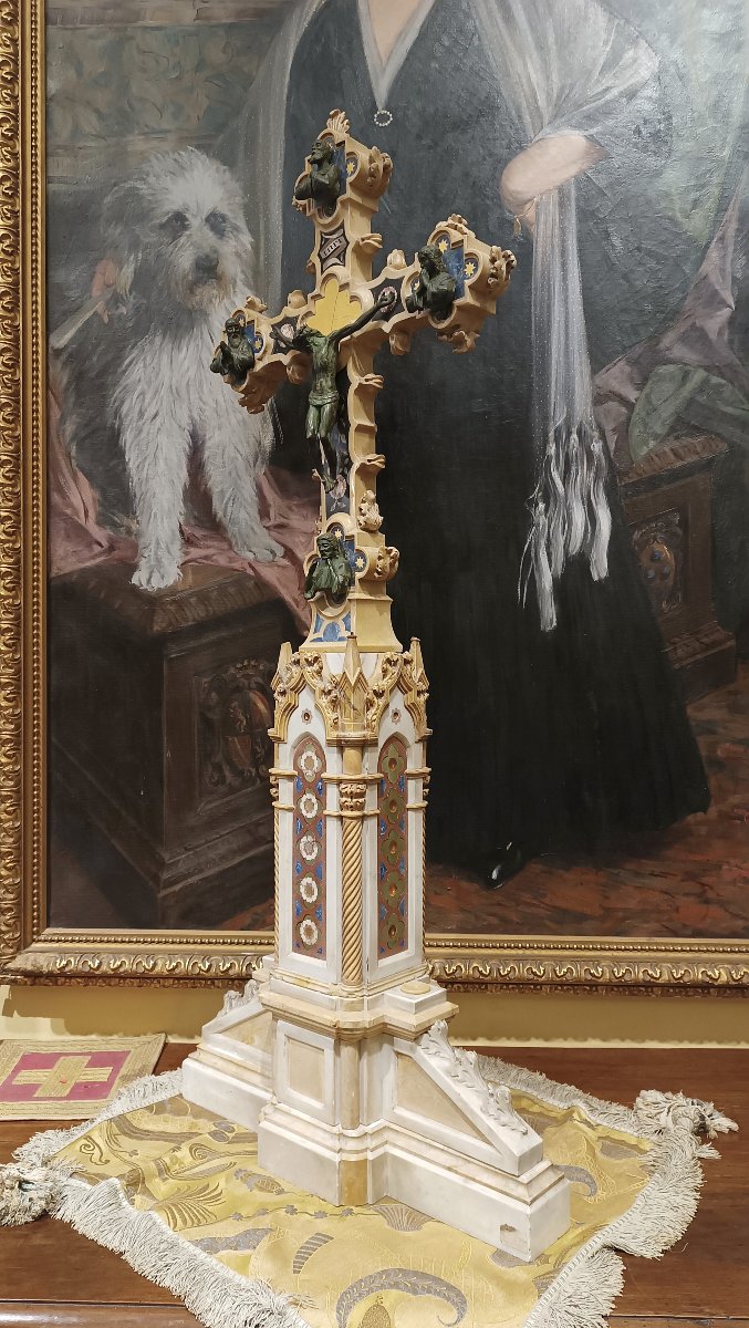 Mid-19th Century Marble And Semi-precious Stone Crucifix-photo-2