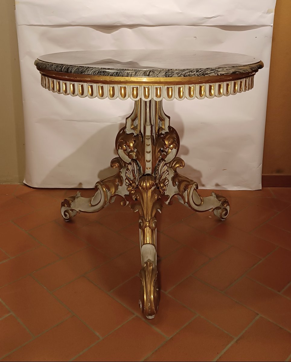 TABLE PEINTE ET DORÉE À PLATEAU DE MARBRE MILIEU DU 19ème SIÈCLE-photo-5
