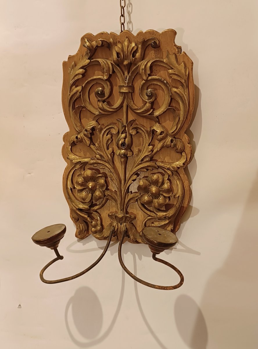 Late 18th Century Pair Of Gilded Wood Wall Lights-photo-3