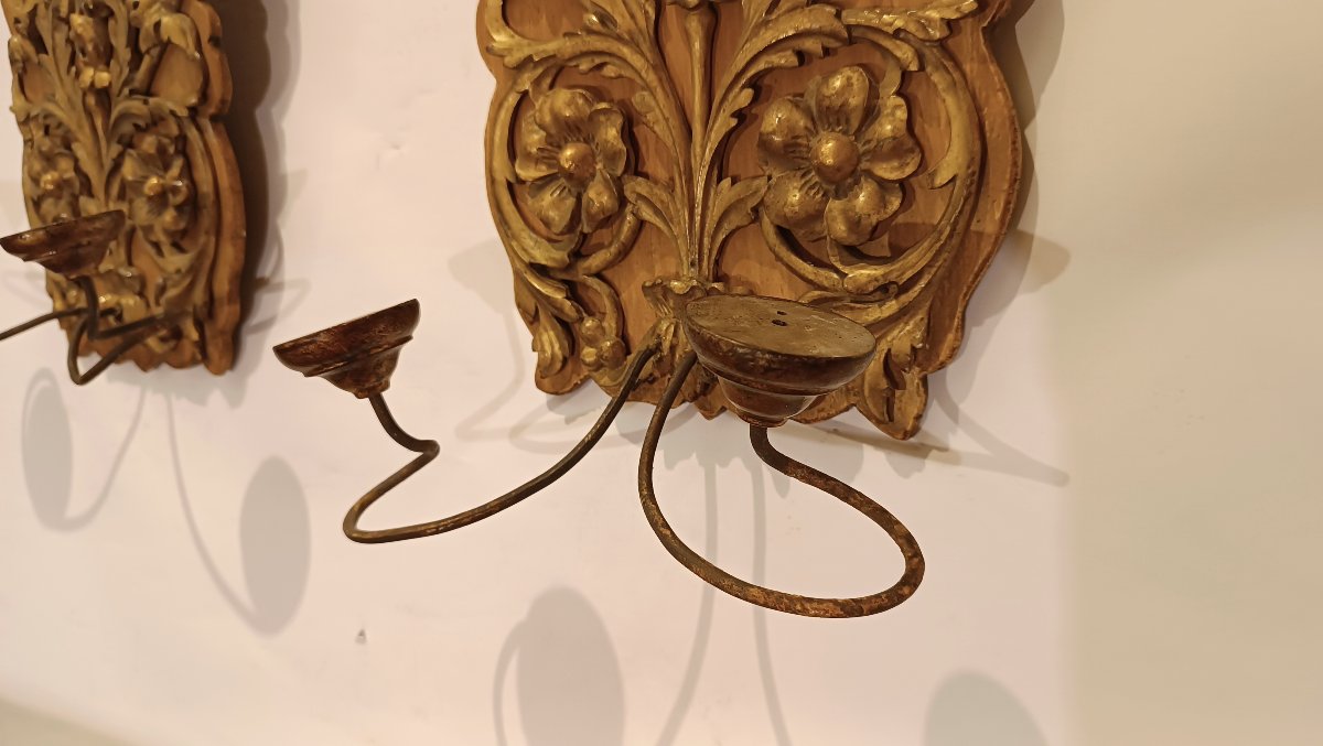 Late 18th Century Pair Of Gilded Wood Wall Lights-photo-4