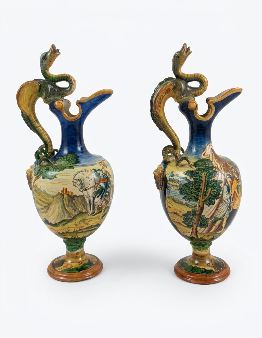Pair Of Urbino's Historically Decorated Pourers Second Half Of The 19th Century