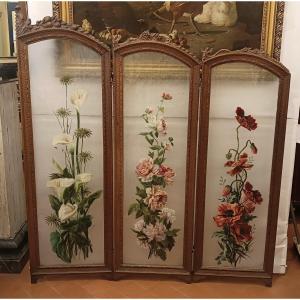 PARAVENT EN NOYER ET VERRE PEINT DÉBUT DU 20ème SIÈCLE
