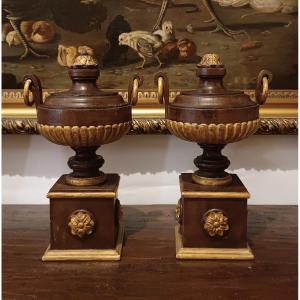 Second Half Of The 19th Century Pair Of Painted Walnut Decorative Vases