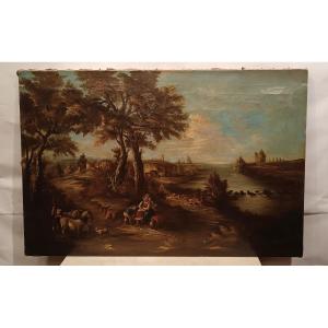 TABLEAU DE PAYSAGE AVEC PERSONNAGES FIN DU 18ème SIÈCLE