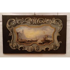 PEINTURE DESSUS DE PORTE NÉOCLASSIQUE REPRÉSENTANT UN PAYSAGE MARIN FIN DU 18ème SIÈCLE