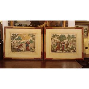 Late 17th Century Pair Of Watercolor Engravings With Biblical Scenes