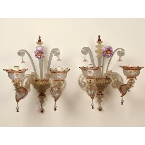 PAIRE D'APPLIQUES EN VERRE DE MURANO DÉBUT DU 20ème SIÈCLE
