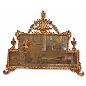 MIROIR DE CHEMINÉE DE STYLE RÉPERTOIRE ORNÉ DE PEINTURES DU DÉBUT DU 19ème SIÈCLE
