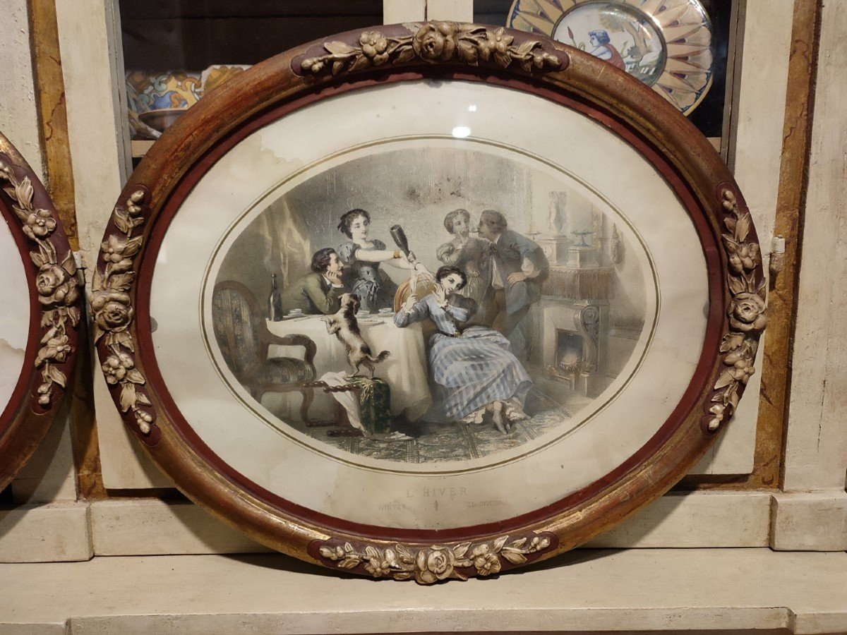 Les 4 Saisons, Série De 4 Estampes Françaises Datées De 1860 Avec Beau Cadre Anciens En Plâtre-photo-2