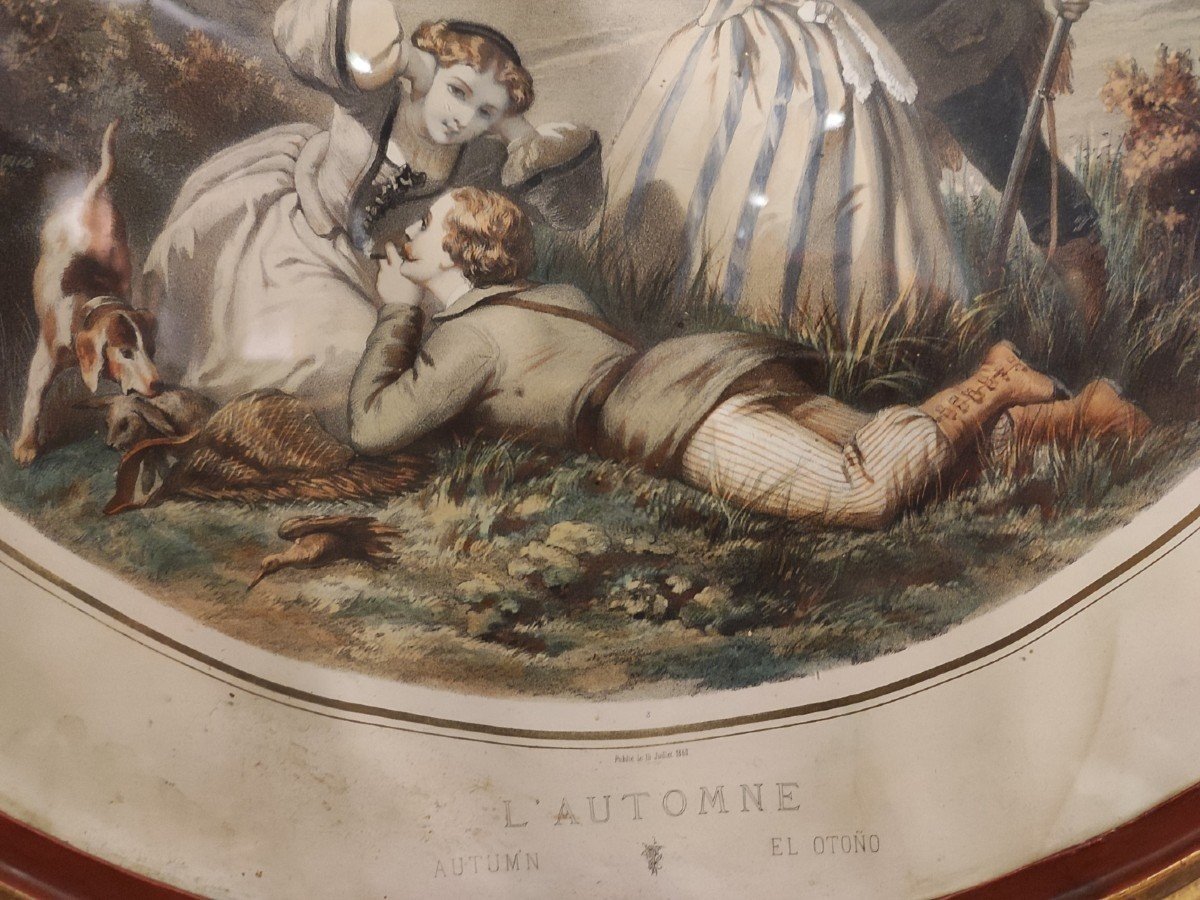 Les 4 Saisons, Série De 4 Estampes Françaises Datées De 1860 Avec Beau Cadre Anciens En Plâtre-photo-4