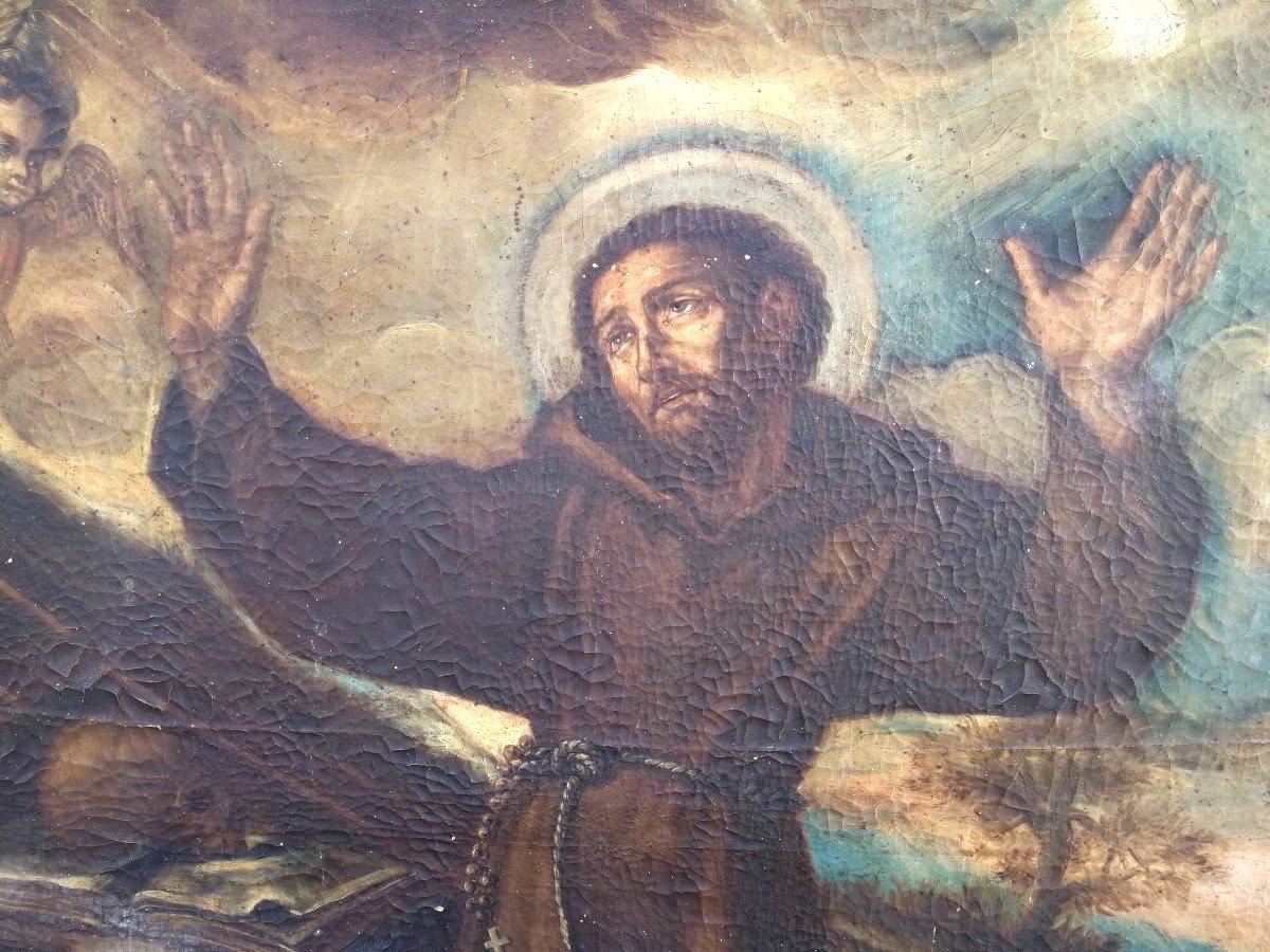 Saint Francis In Ecstasy, Oil On Canvas From The 1st Half Of The 17th Century, Original Frame.-photo-3