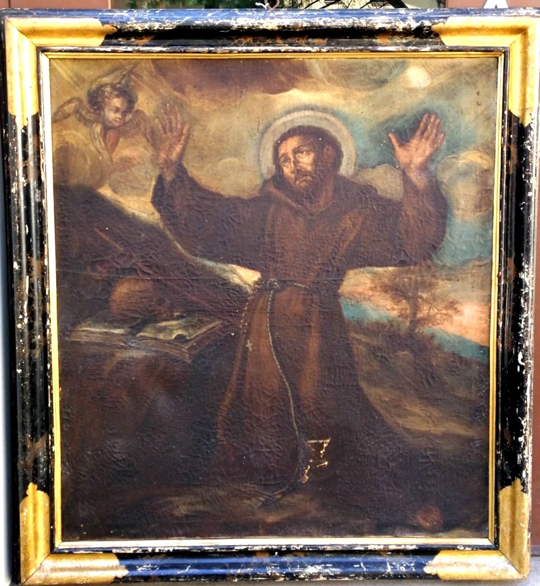 Saint Francis In Ecstasy, Oil On Canvas From The 1st Half Of The 17th Century, Original Frame.