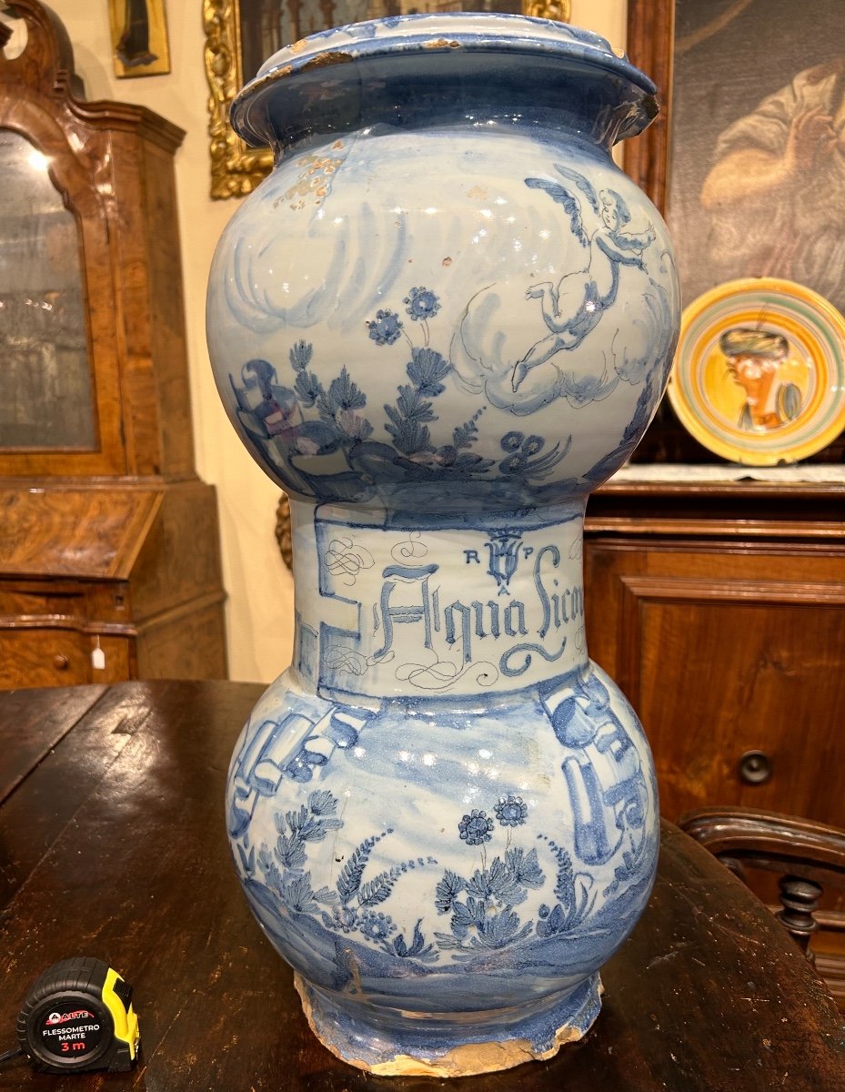 Large Hallmarked Albarello Vase With Lantern (59cm X 29cm). Savona-albissola End Of 18th C.