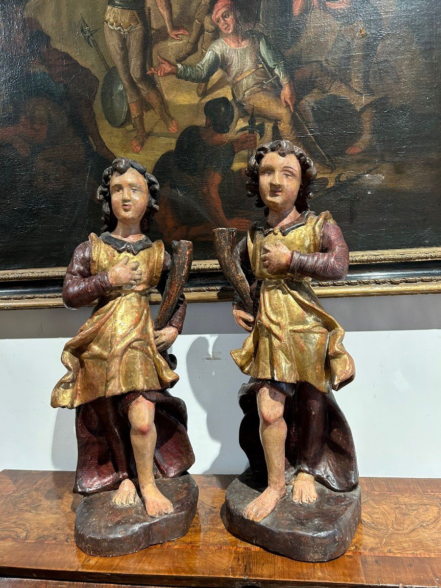 Pair Of Wooden Sculptures. Allegorical Figures Holding Cornucopia. Central Italy, XVIIth C.-photo-2