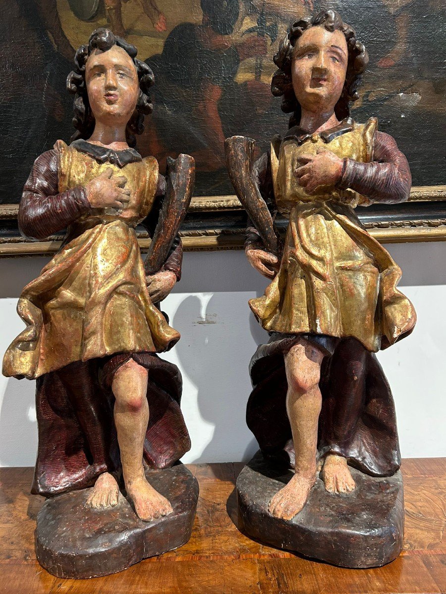 Pair Of Wooden Sculptures. Allegorical Figures Holding Cornucopia. Central Italy, XVIIth C.-photo-3