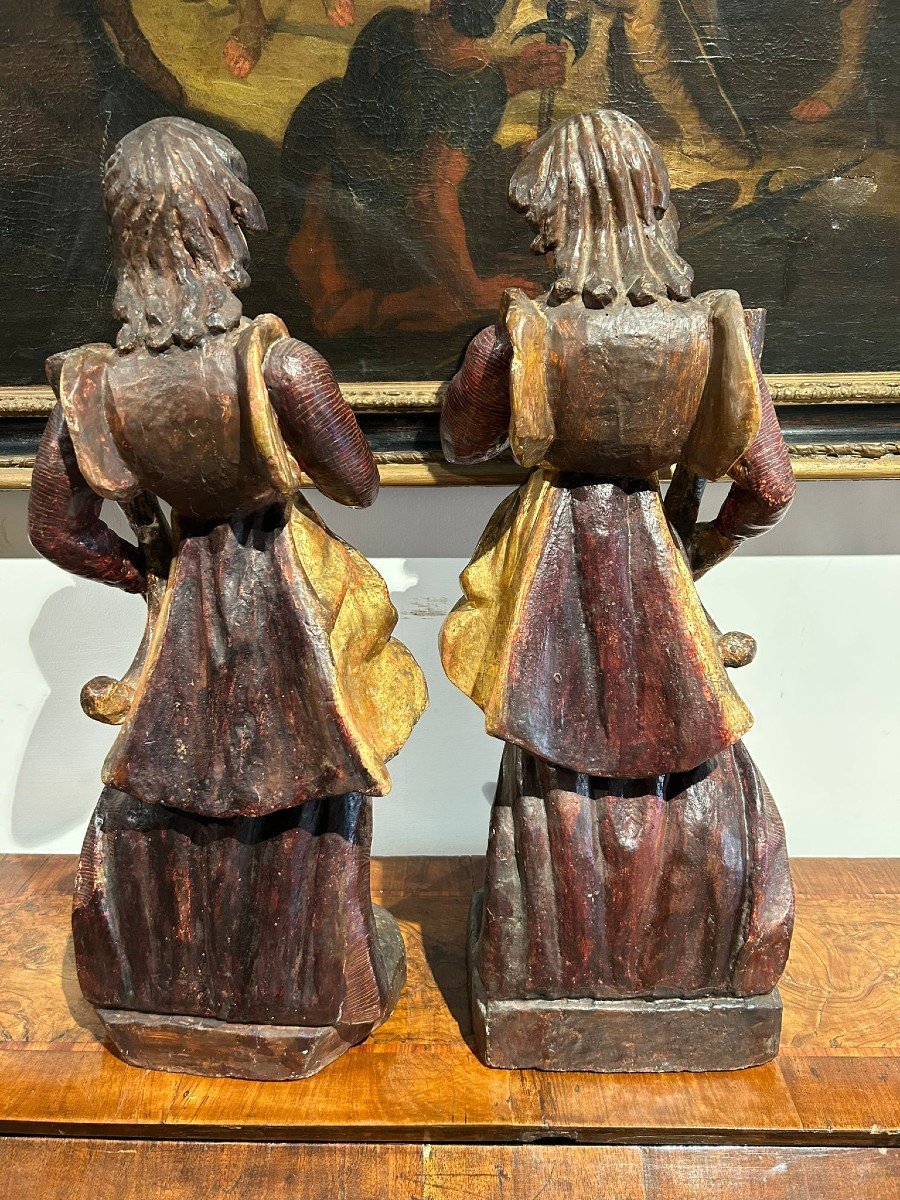 Pair Of Wooden Sculptures. Allegorical Figures Holding Cornucopia. Central Italy, XVIIth C.-photo-4