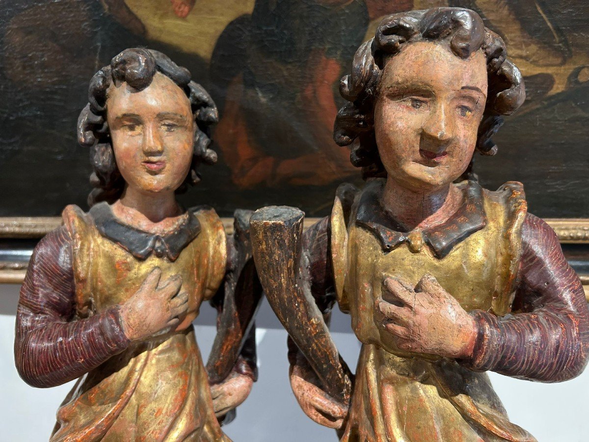 Pair Of Wooden Sculptures. Allegorical Figures Holding Cornucopia. Central Italy, XVIIth C.-photo-1