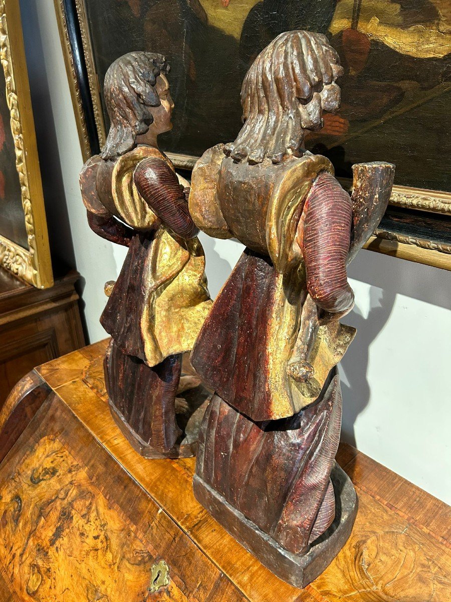 Pair Of Wooden Sculptures. Allegorical Figures Holding Cornucopia. Central Italy, XVIIth C.-photo-2