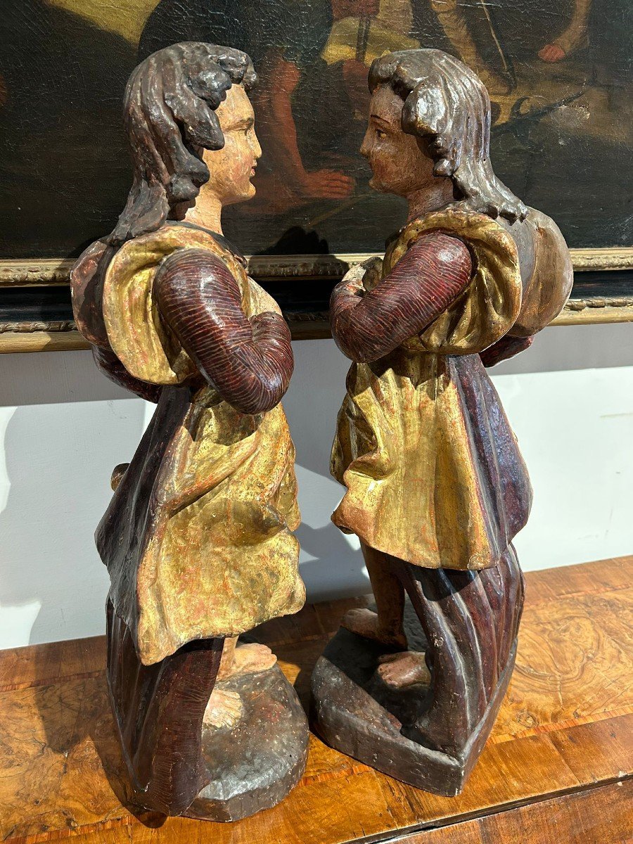 Pair Of Wooden Sculptures. Allegorical Figures Holding Cornucopia. Central Italy, XVIIth C.-photo-4
