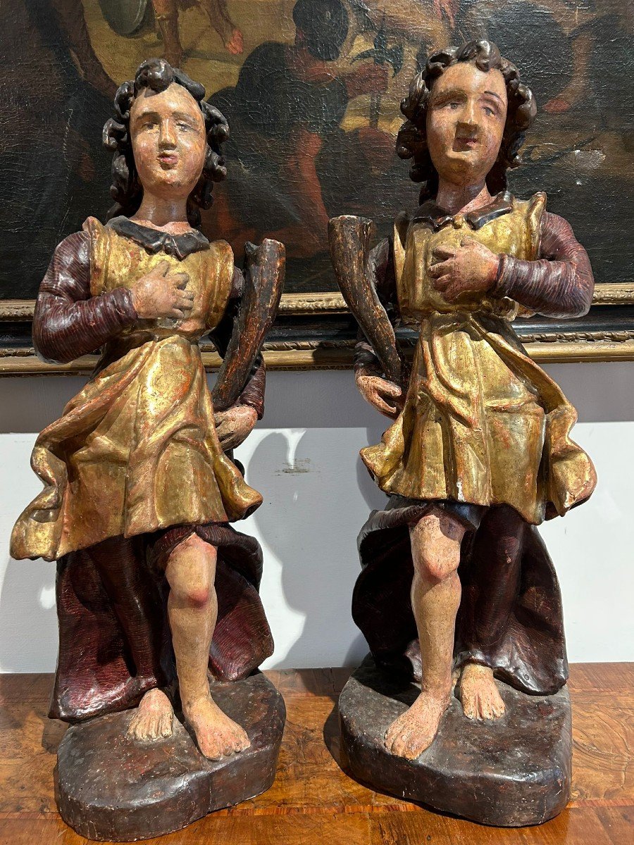 Pair Of Wooden Sculptures. Allegorical Figures Holding Cornucopia. Central Italy, XVIIth C.