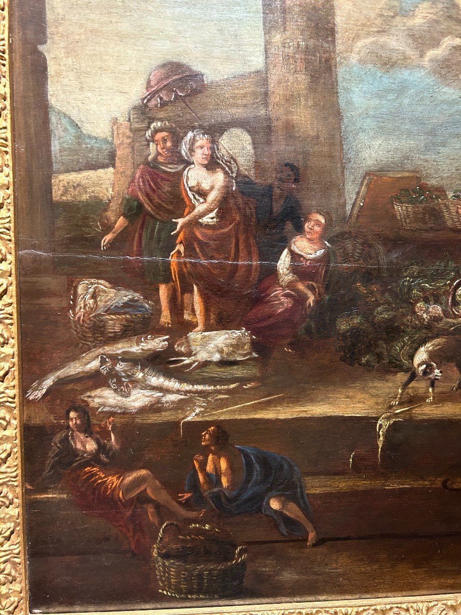Market Scene, Oil On Panel From The Flemish Area Of ​​the First Half Of The Seventeenth Century-photo-2