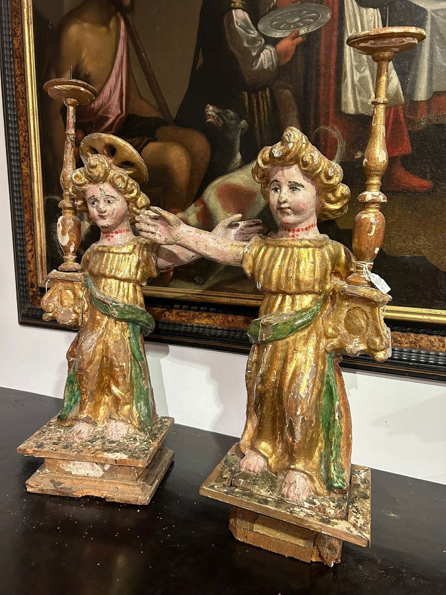 Rare Candle-holder Angels Of Umbrian Culture From The Early 16th Century.-photo-3