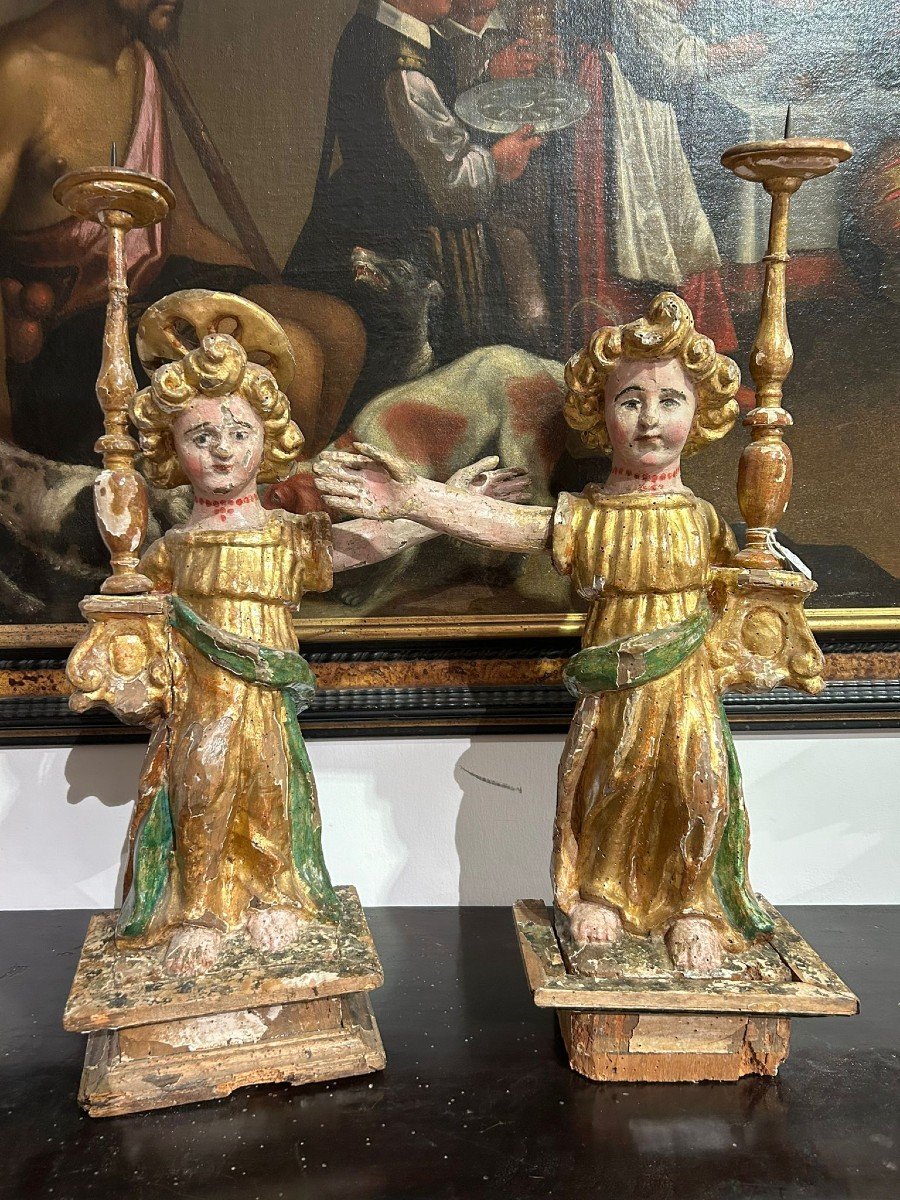 Rare Candle-holder Angels Of Umbrian Culture From The Early 16th Century.-photo-6