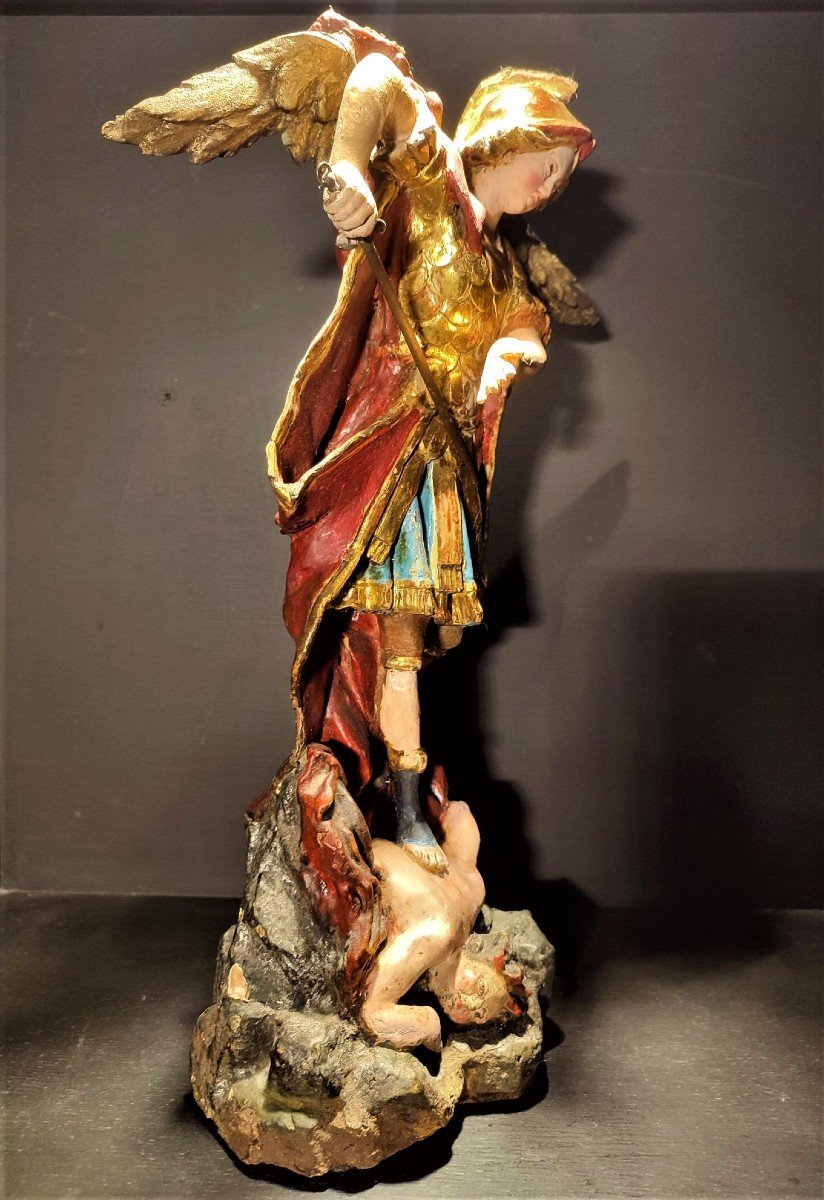 Polychrome Wooden Sculpture Of St. Michael The Archangel From Late Seventeenth Century-photo-2