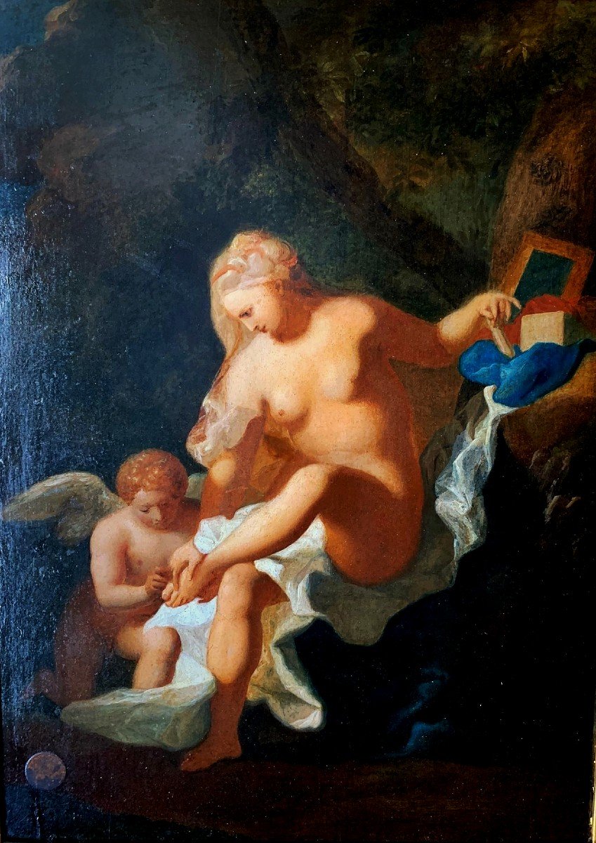 Toilette De Vénus, Intéressante Huile Sur Panneau. Peintre Français d'étude, Début 19ème Siècle-photo-2