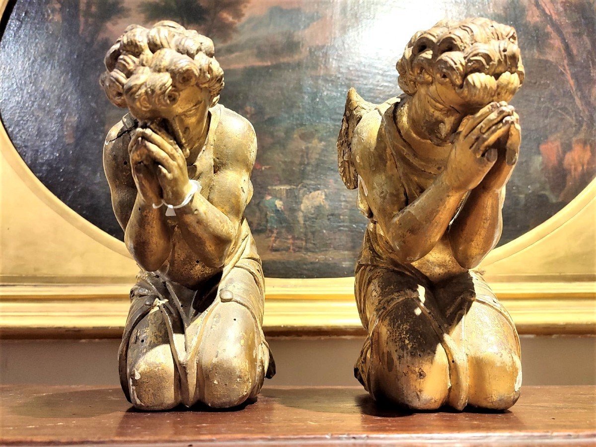 Pair Of Kneeling Angels In Carved And Gilded Wood. Italie Centrale, XVIIth Century-photo-3