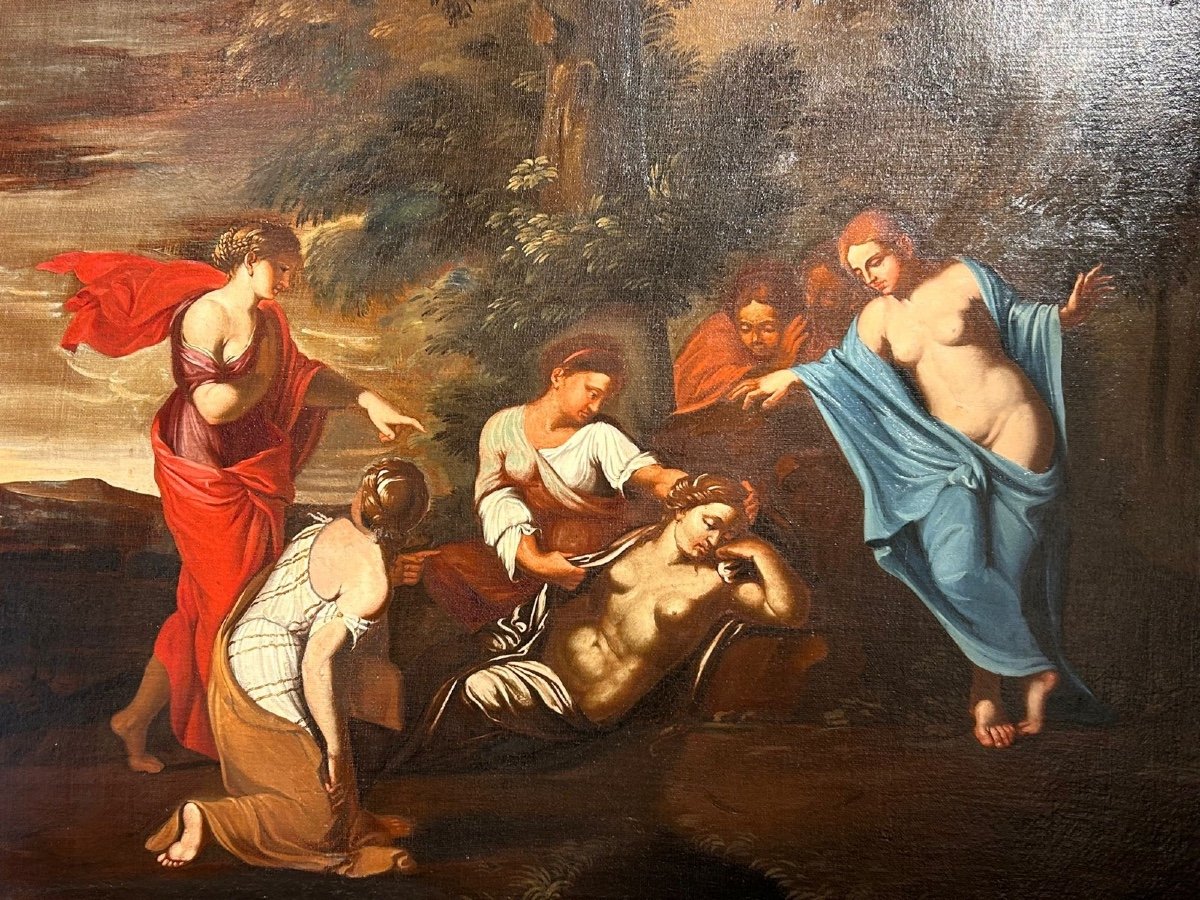 Large Oil On Canvas With Coeval Frame By Raff. Mythological Scene, Rome Mid-17th Century.-photo-2