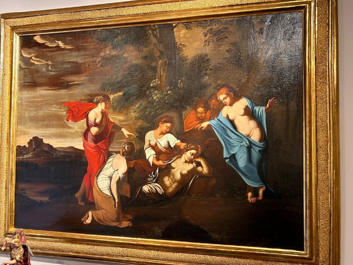 Large Oil On Canvas With Coeval Frame By Raff. Mythological Scene, Rome Mid-17th Century.-photo-3
