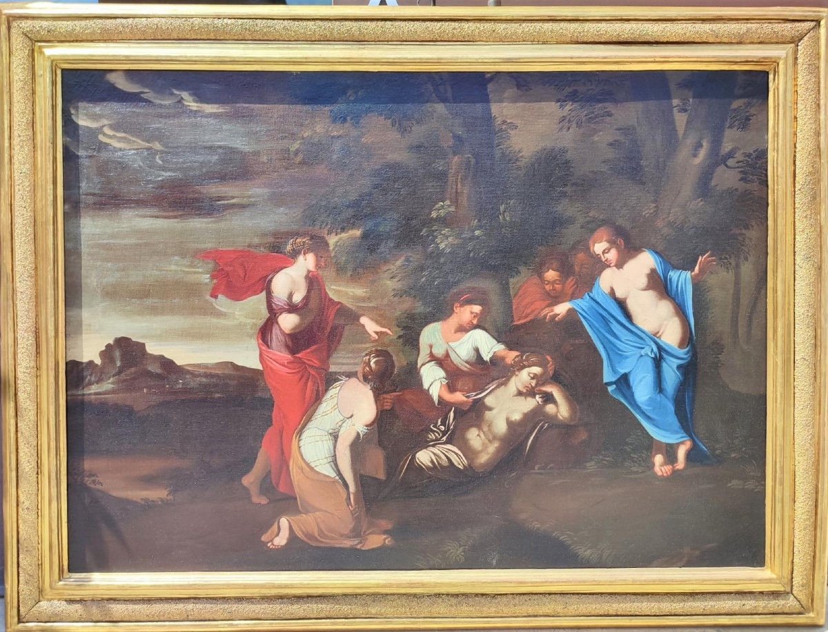 Grande Huile Sur Toile  Avec Scène Mythologique, Rome - Milieu Du XVIIe Siècle. Antique Cadre-photo-1