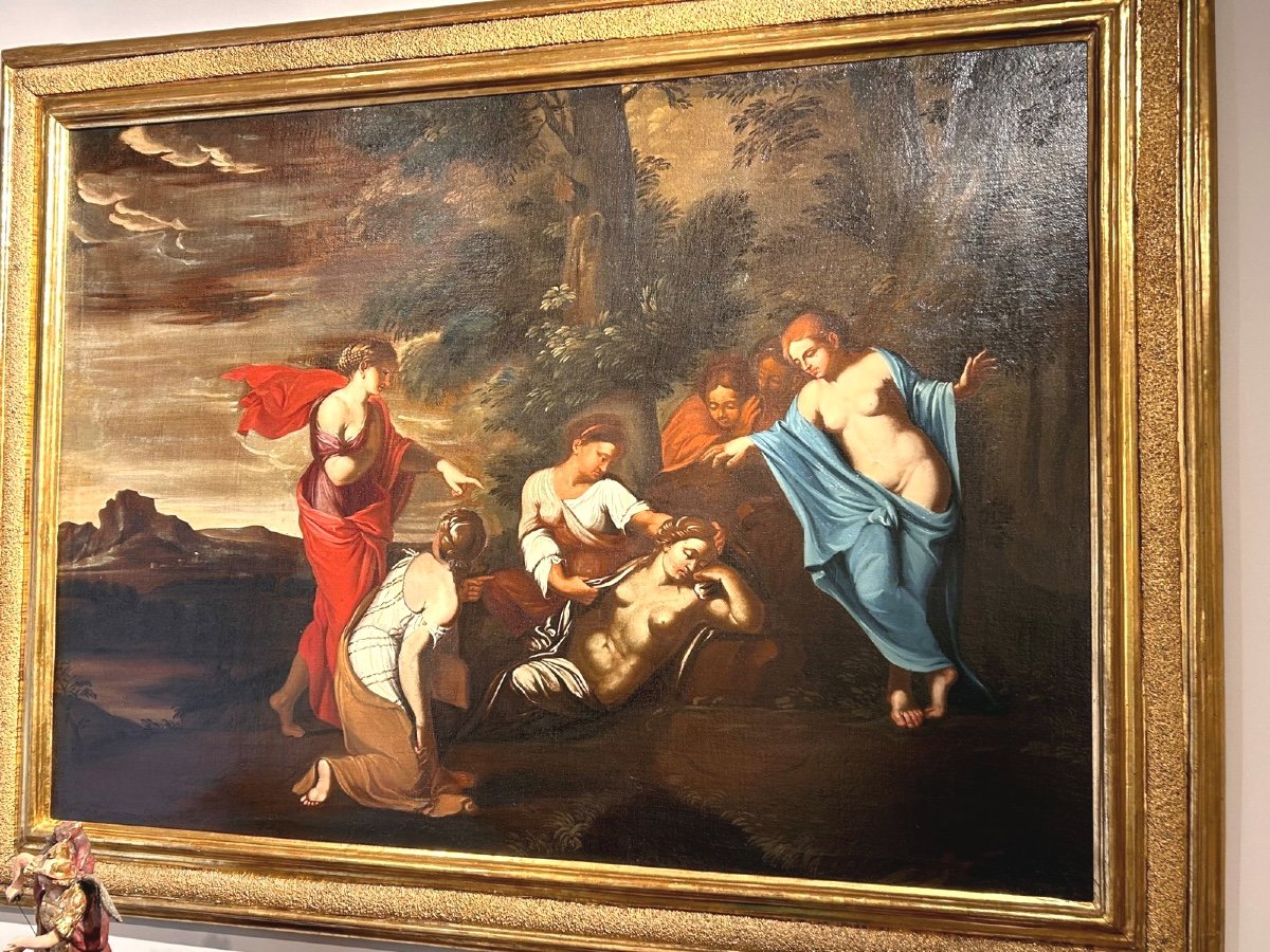Large Oil On Canvas With Coeval Frame By Raff. Mythological Scene, Rome Mid-17th Century.