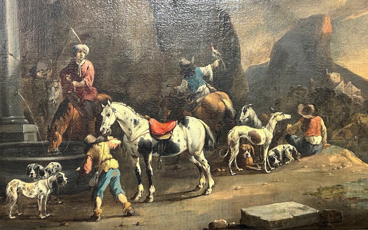 "séjour De Chasse Avec Fauconnier" - Signée Du Maître Hollandais Simon Van Douw (1630-1677)-photo-2