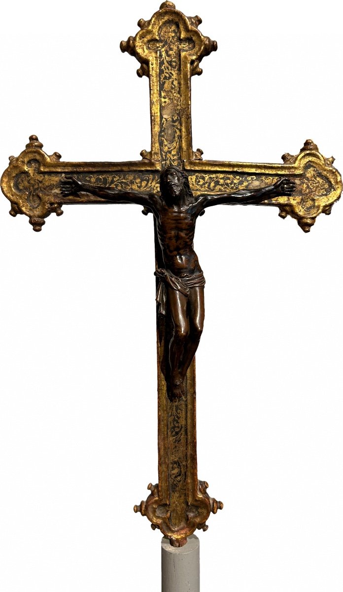 Bronze "christ Vivant" d'Antonio Susini Et Atelier, Sur Une Croix De Procession Du XVIe Siècle.