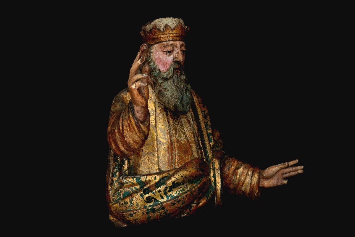Sculpture d'Un Saint En Bois Polychrome Et Riche Décor ''estofado De Oro'', 1ère Moitié Du XVIs-photo-2
