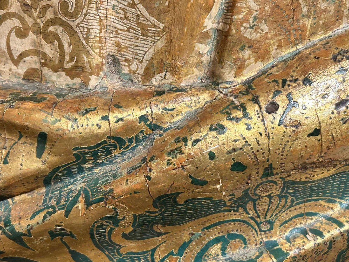 Sculpture d'Un Saint En Bois Polychrome Et Riche Décor ''estofado De Oro'', 1ère Moitié Du XVIs-photo-5