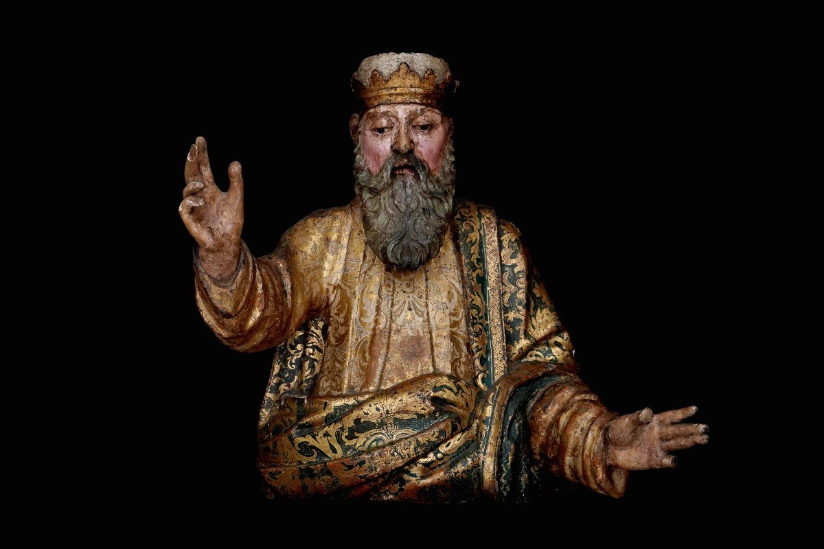 Sculpture d'Un Saint En Bois Polychrome Et Riche Décor ''estofado De Oro'', 1ère Moitié Du XVIs