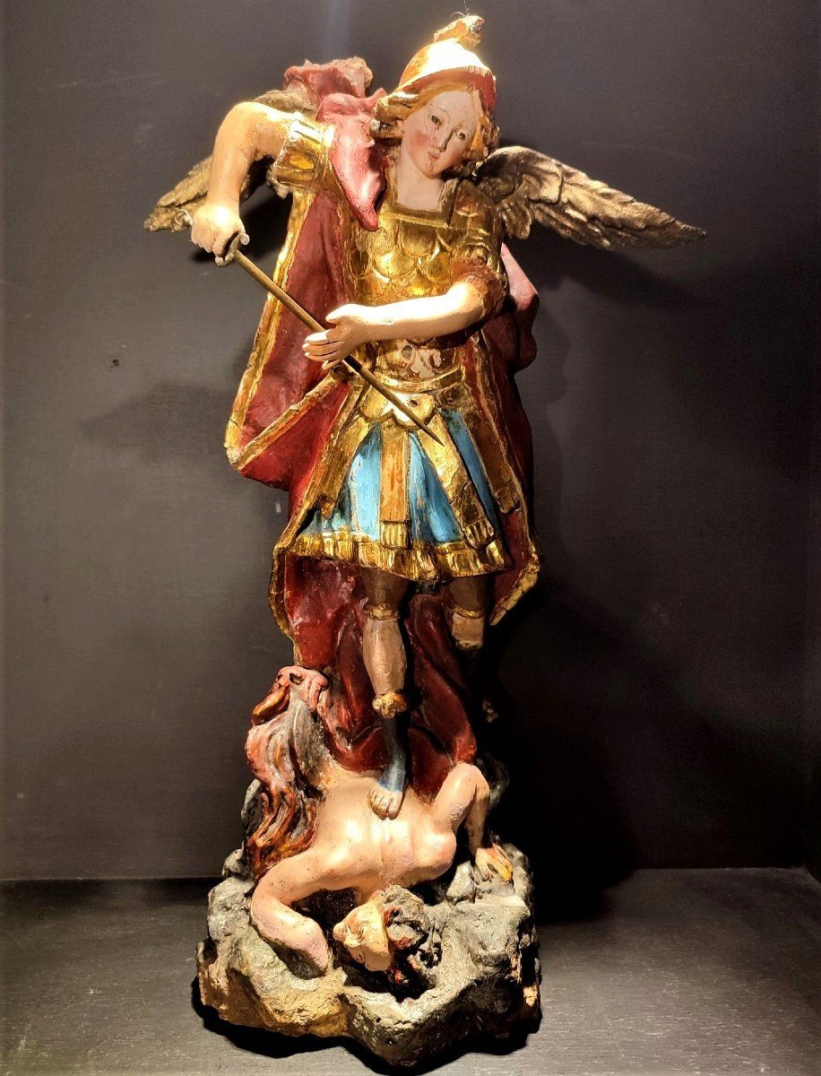 Sculpture En Bois Polychrome De Saint Michel Archange De La Fin Du XVIIe S. -photo-2