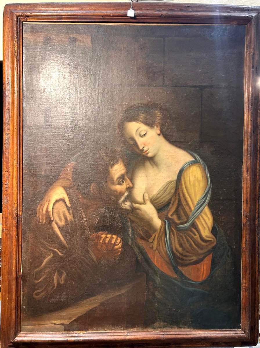 Roman Charity Last Quarter Of The 17th Century - Large Oil On Canvas On Antique Frame