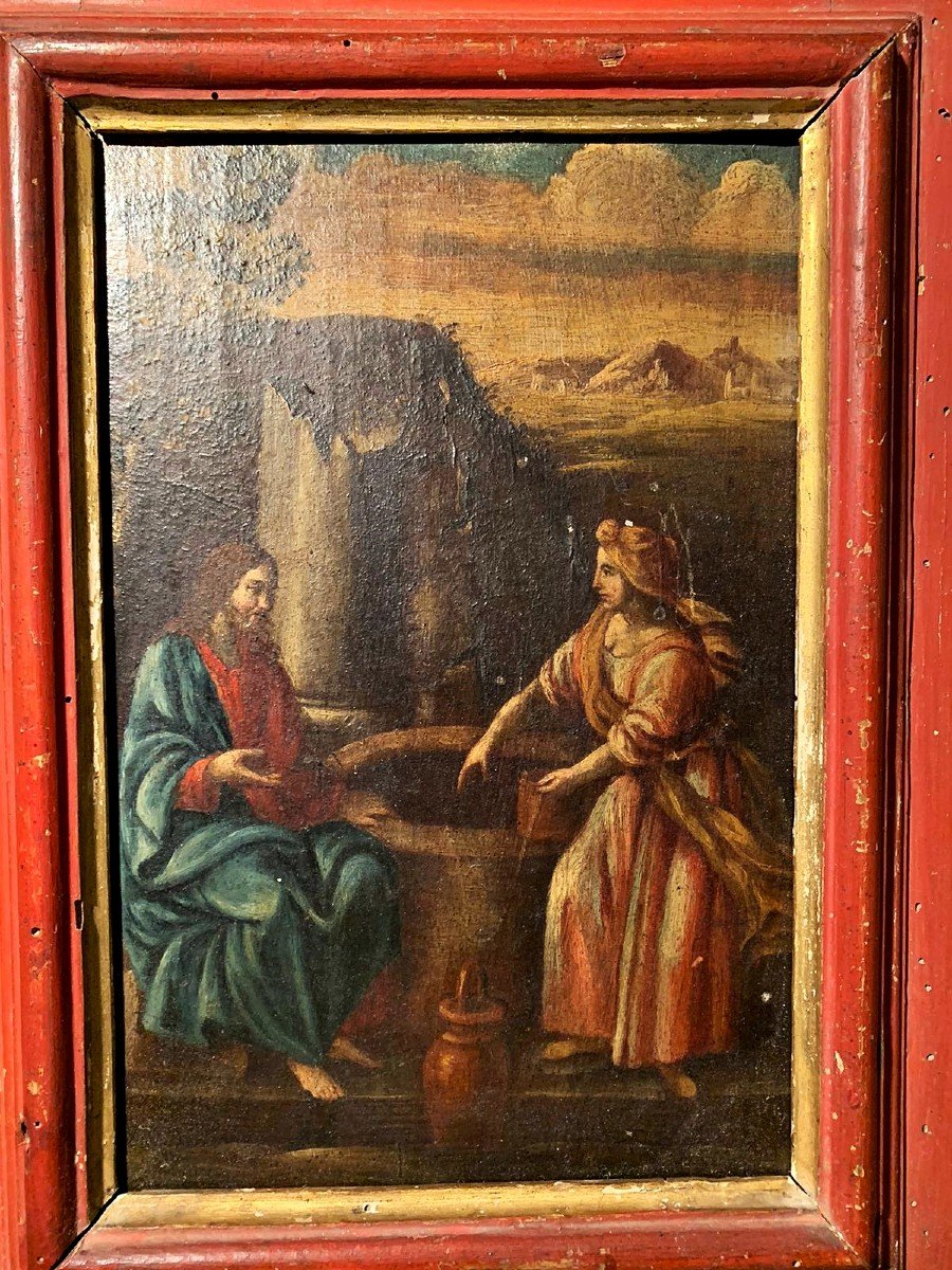 Samaritaine At The Well, Oil On Panel First Half Of The 17th Century On Original Frame-photo-3
