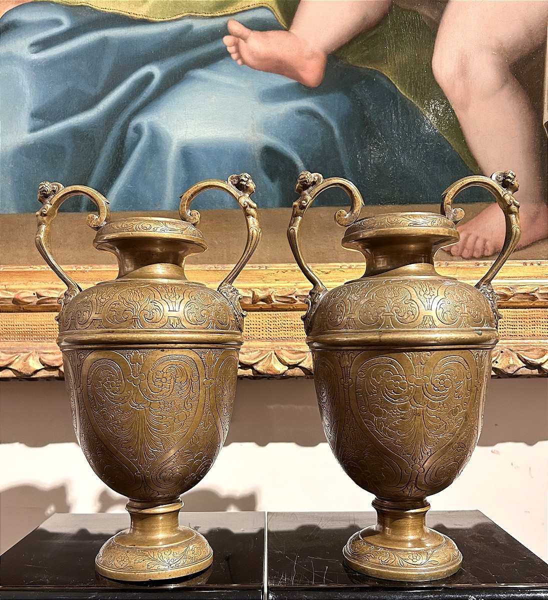 Pair Of Finely Engraved Bronze Vases. Florence, Late 16th Century.