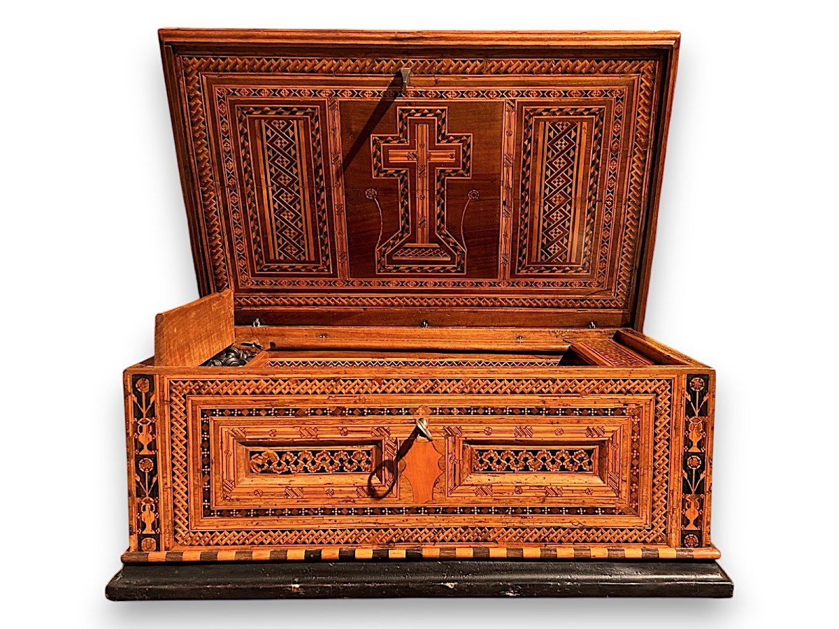 Precious Carthusian Chest Richly Inlaid In Fine Woods With Chessboard, Early 16th Century.